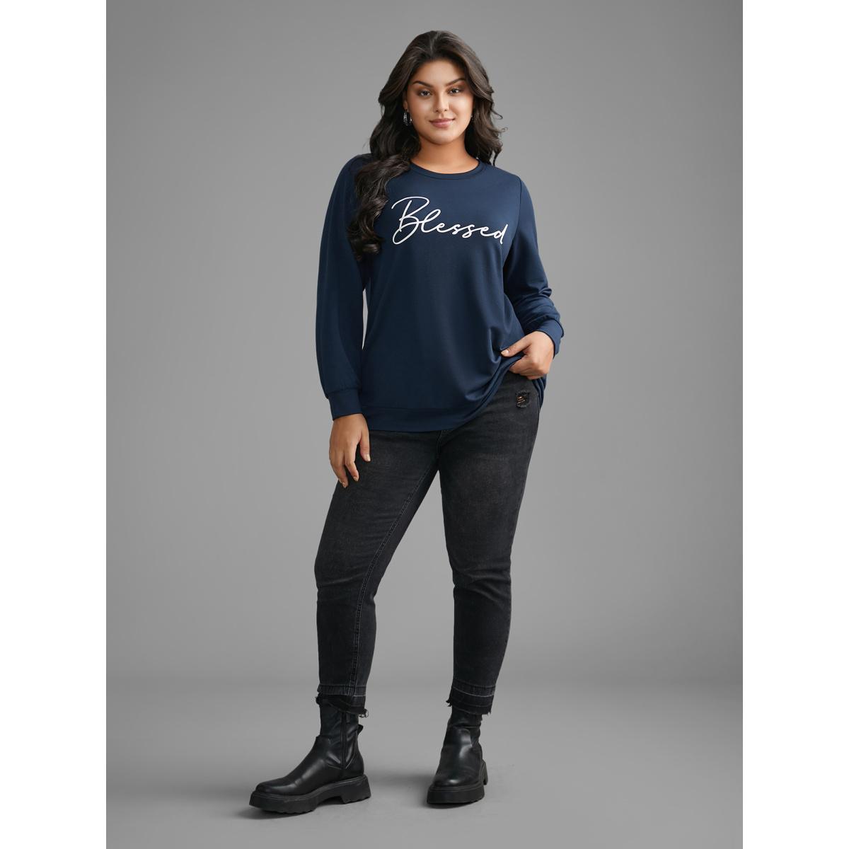 Plus Size Letter Print Crew Neck Sweatshirt Women Midnight Casual Non Round Neck Everyday Sweatshirts BloomChic 10/M Product Image