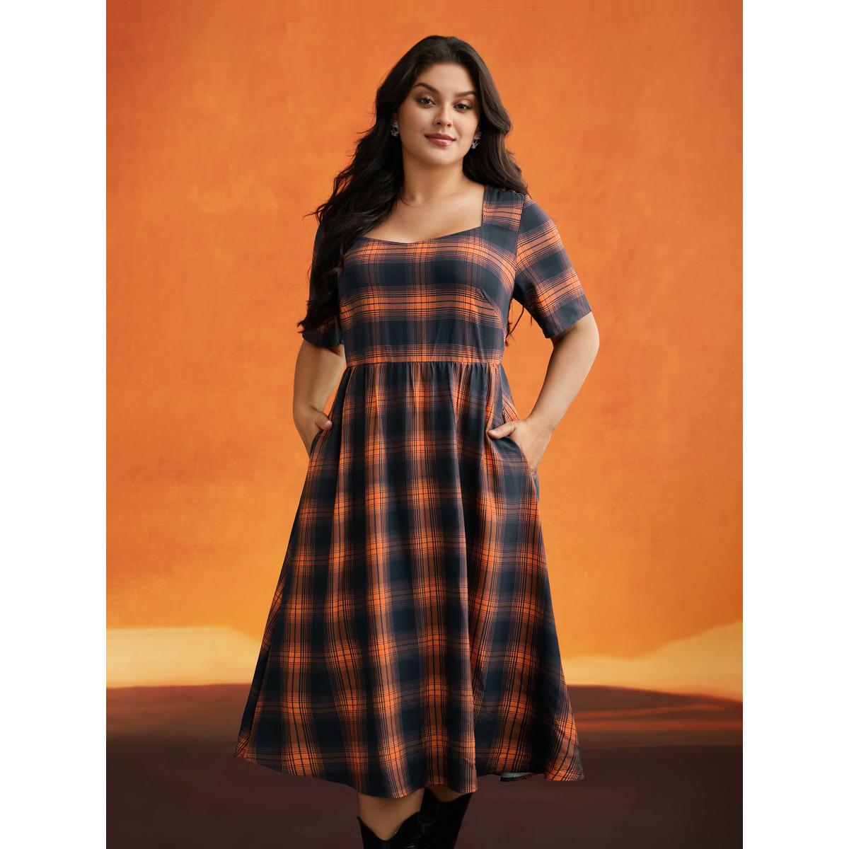 Plus Size Stretchy Plaid Contrast Splicing Midi Dress Brightorange Women Cocktail Non Party Curvy Bloomchic 18-20/2X Product Image