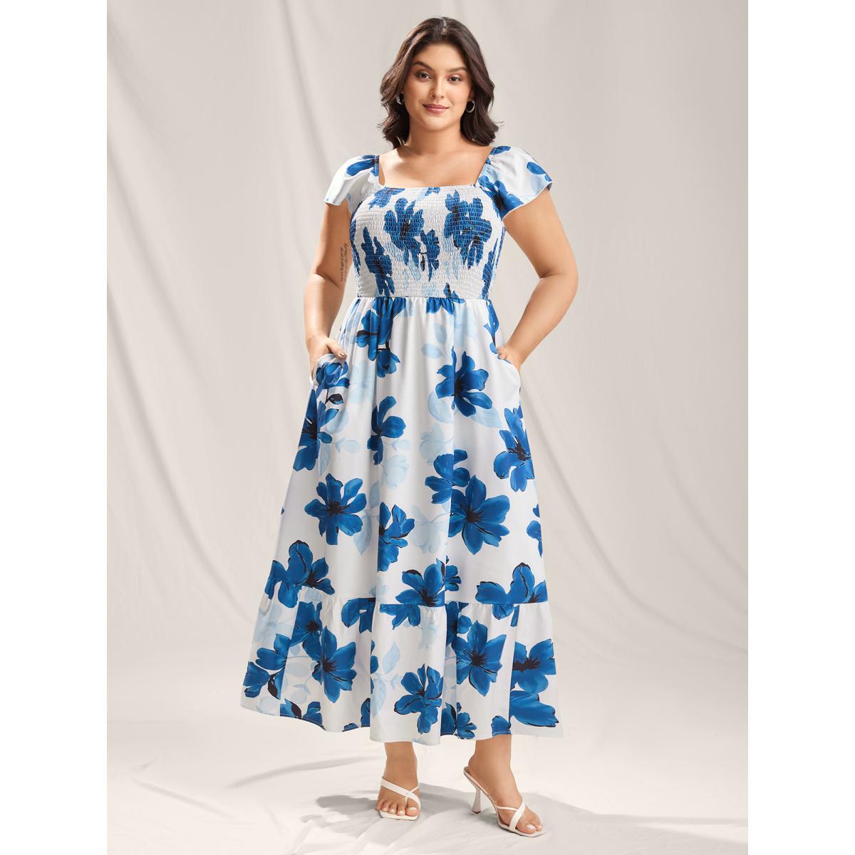 Plus Size Floral Pattern Shirred Pockets Midi Dress Mediumblue Women Romantic Square Neck Cap Sleeve Curvy BloomChic 18-20/2X Product Image