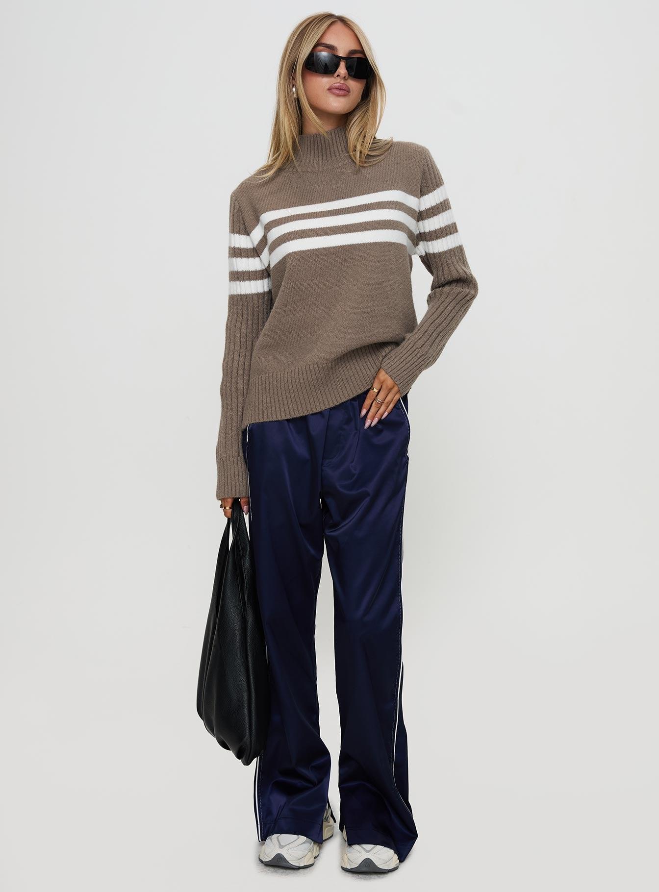 Bessemer Funnel Neck Knit Sweater Mocha Stripe Product Image