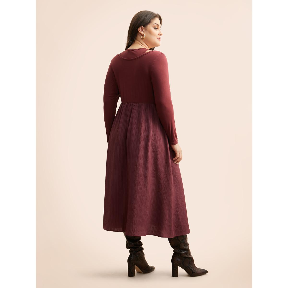 Plus Size 2-In-1 Patchwork Gathered Dress Burgundy Women Casual Texture Round Neck Long Sleeve Curvy BloomChic 18-20/2X Product Image