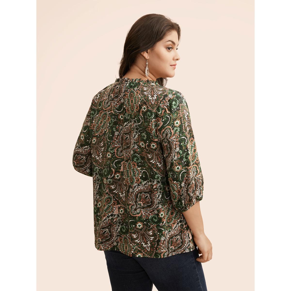 Plus Size DarkGreen Bandana Frill Trim Tie Knot Blouse Women Elegant Elbow-length sleeve Notched collar Everyday Blouses BloomChic 26/4X Product Image