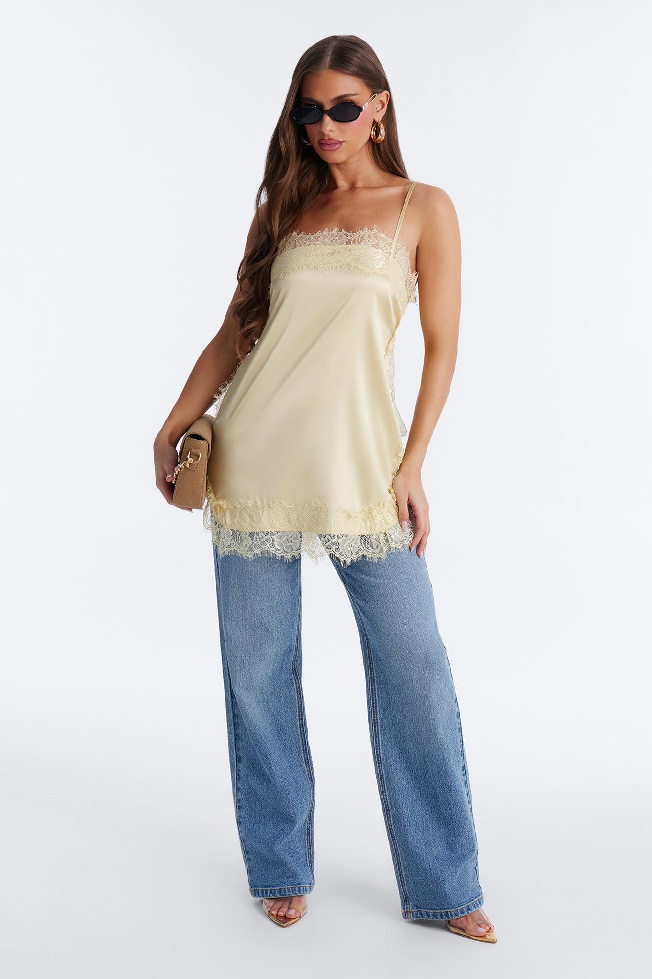 No Filter Needed Lace Trim Satin Top - Butter Yellow Female Product Image