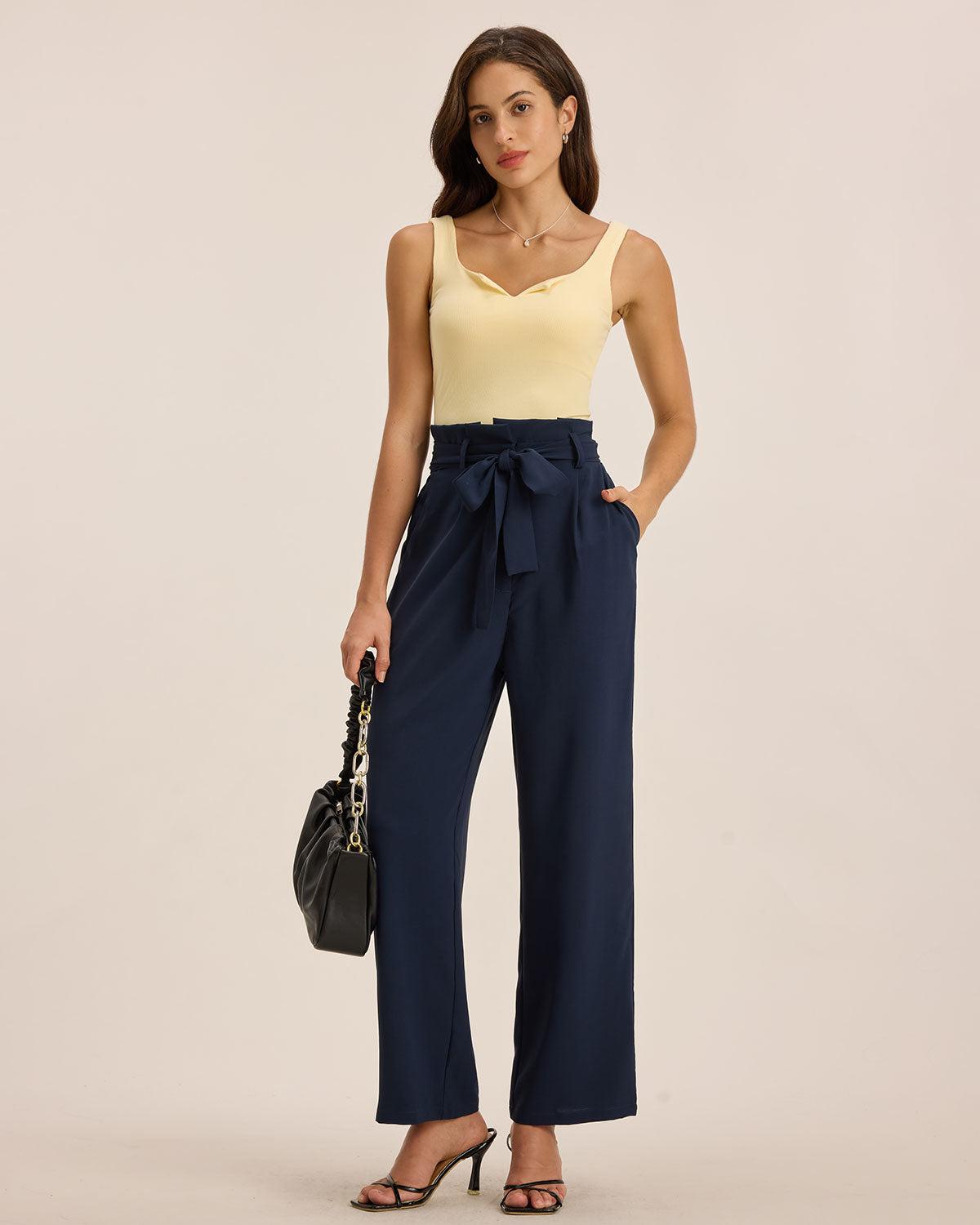 Blue Ruched Straight Pants Product Image