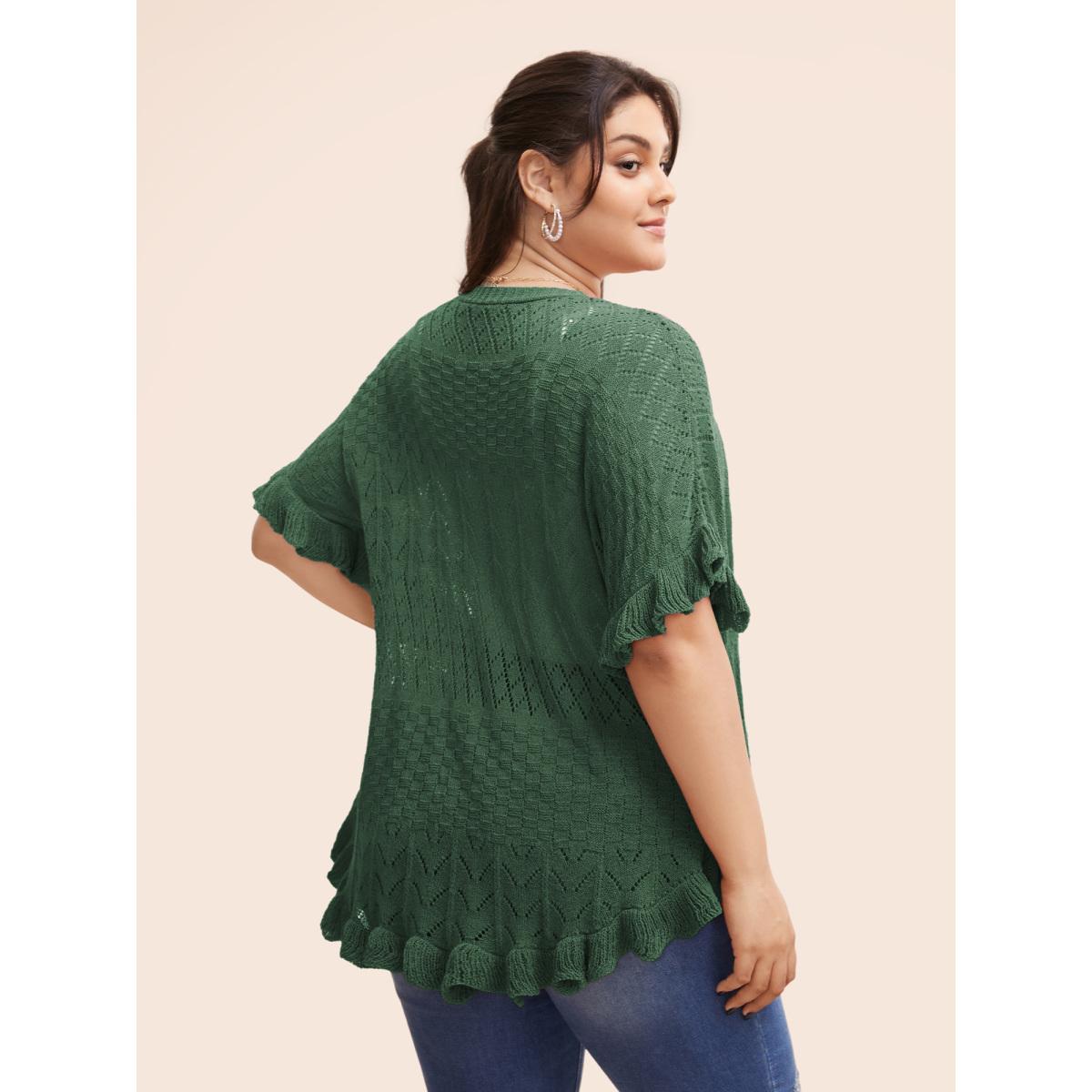 Plus Size Plain Ruffles Pointelle Knit Cardigan DarkGreen Women Casual Loose Short sleeve Everyday Cardigans BloomChic 26/4X Product Image