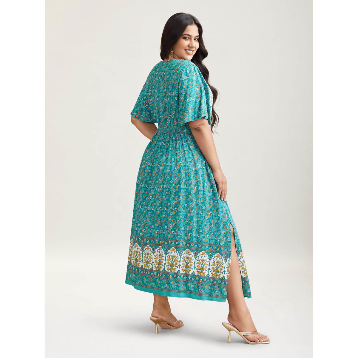Plus Size Boho Floral Print V-Neck Maxi Dress Cerulean Women Resort Non V-neck Half Sleeve Curvy BloomChic 22-24/3X Product Image