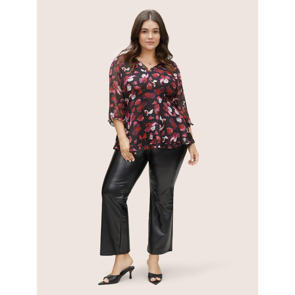 Plus Size Black Floral Mesh Patchwork Ruffle Trim Blouse Women Cocktail Elbow-length sleeve V-neck Party Blouses BloomChic 22-24/3X Product Image