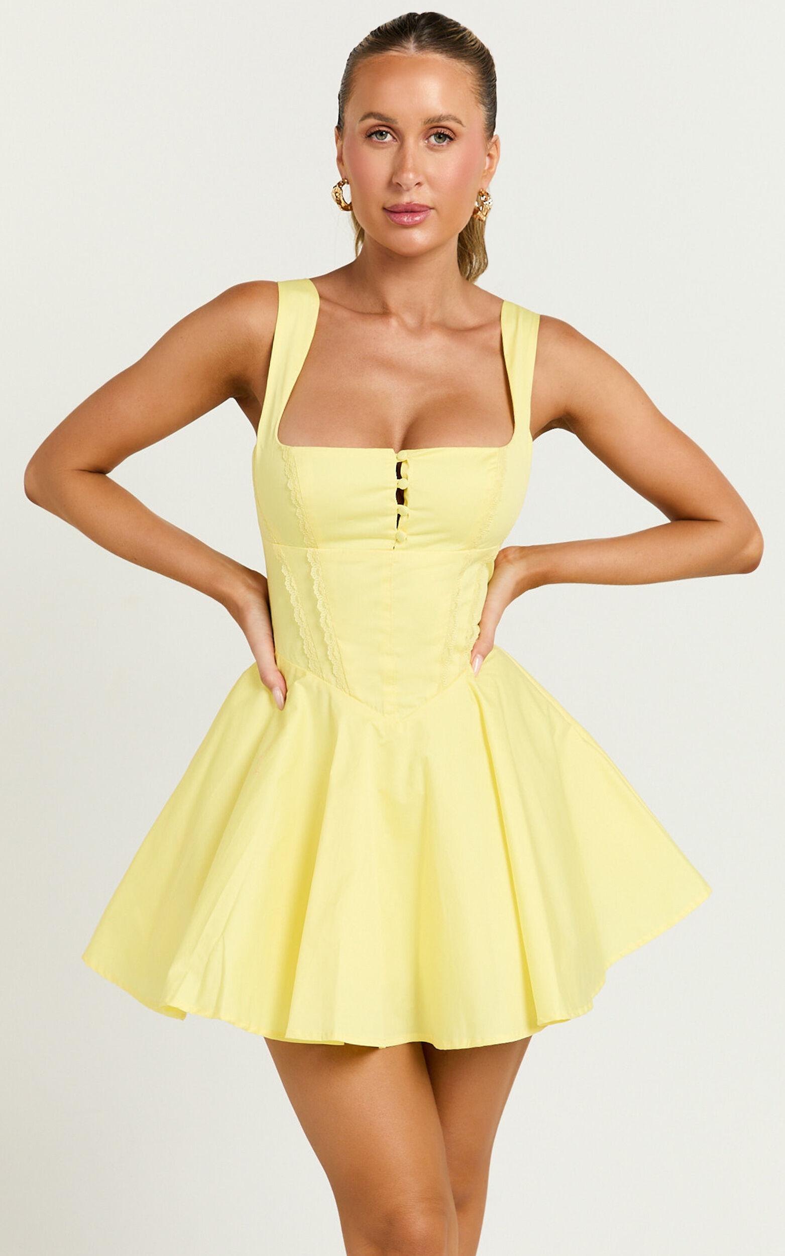 Indi Mini Dress - Square Neckline Lace Up Back Dress in Lemon Product Image