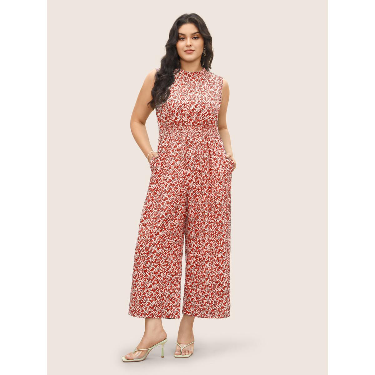 Plus Size Crimson Ditsy Floral Mock Neck Shirred Jumpsuit Women Timeless Sleeveless Mock Neck Elegant Loose Jumpsuits BloomChic 12/L Product Image