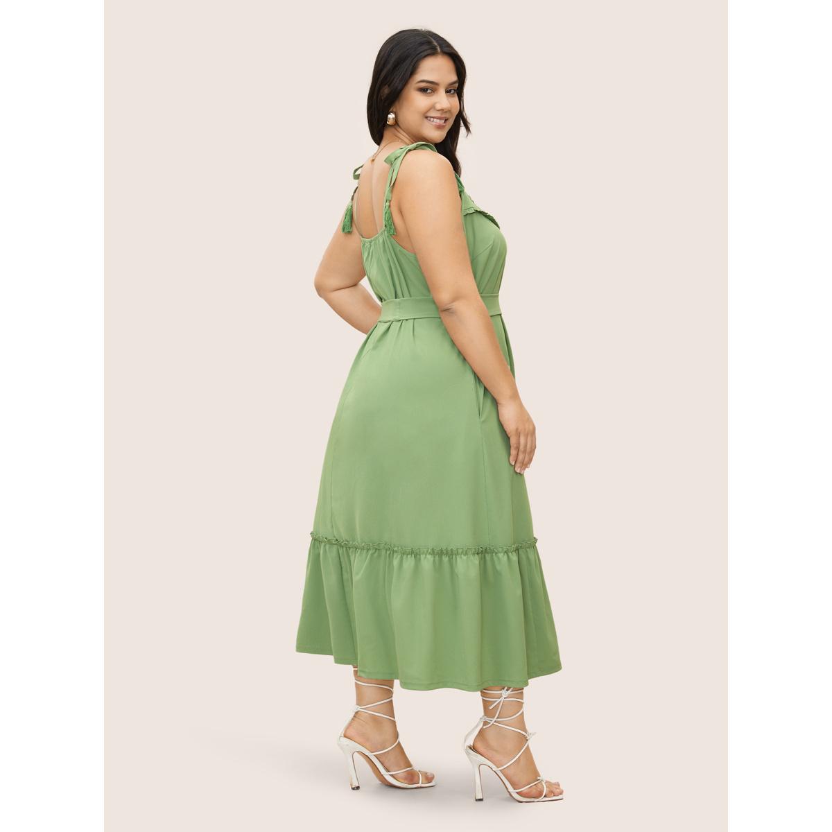 Plus Size Floral Embroidered Tassel Pleated Frill Trim Dress Mint Women Resort Belted Non Sleeveless Curvy Midi Dress BloomChic 12/L Product Image