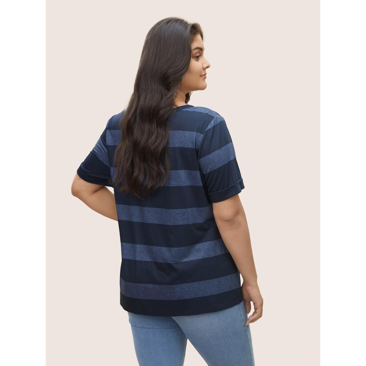 Plus Size V Neck Striped Patched Pocket T-shirt Indigo Women Casual Non Striped V-neck Everyday T-shirts BloomChic 26/4X Product Image