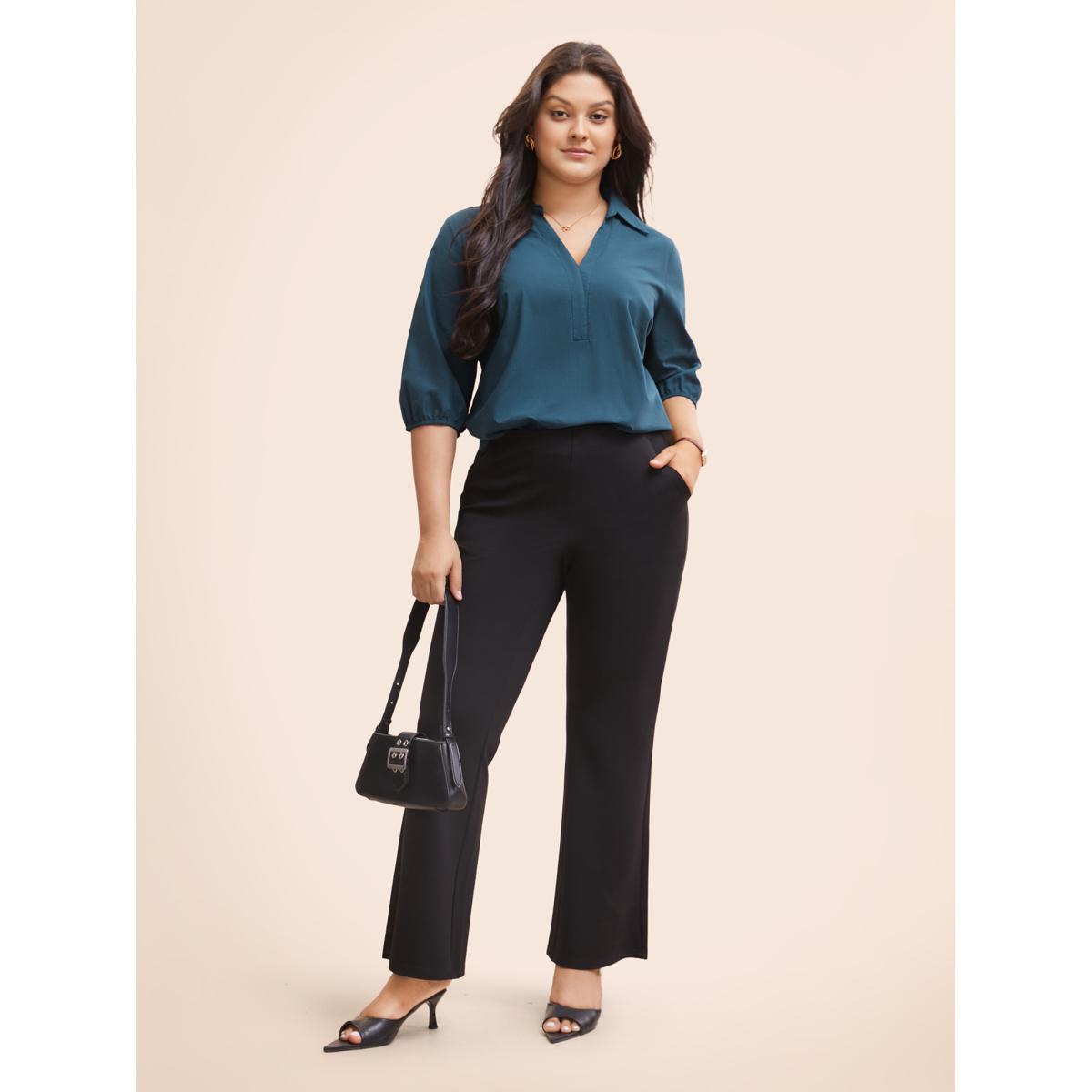 Plus Size Aegean Cotton Shirt Collar Lantern Sleeve Blouse Women Work From Home Elbow-length sleeve Shirt collar Work Blouses BloomChic 26/4X Product Image