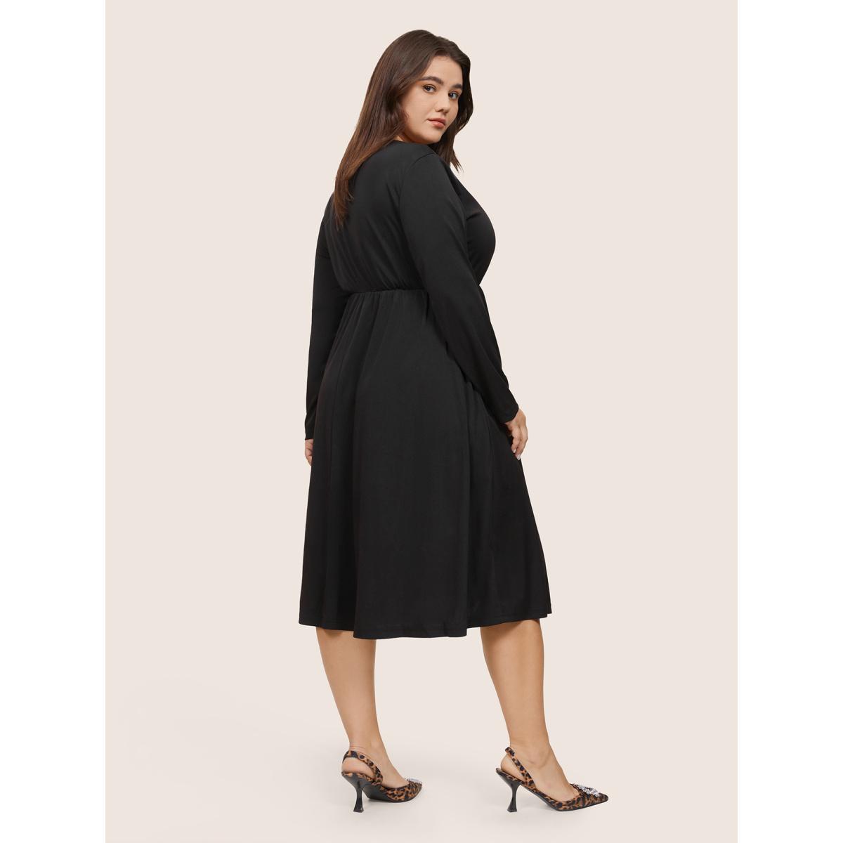 Plus Size Plain Sequin Patchwork Elastic Waist Dress Black Women Glamour Sequin Square Neck Long Sleeve Curvy Midi Dress BloomChic 26/4X Product Image