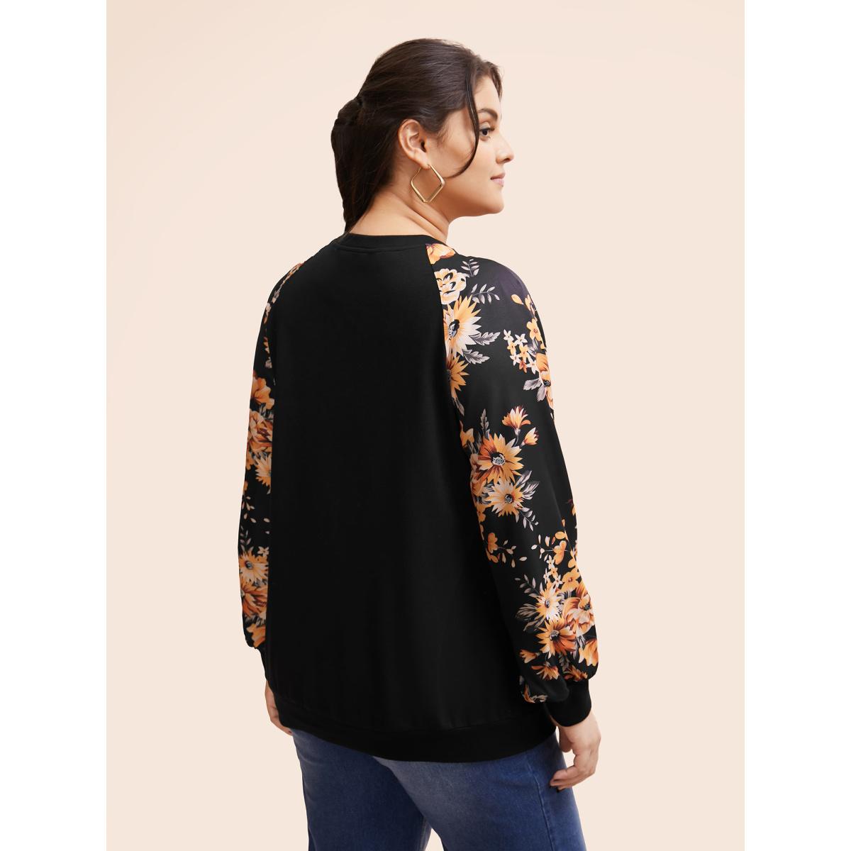 Plus Size Halloween Floral Patchwork Print Raglan Sleeve Sweatshirt Women Black Leisure Elastic cuffs Round Neck Casual Sweatshirts BloomChic 30/6X Product Image