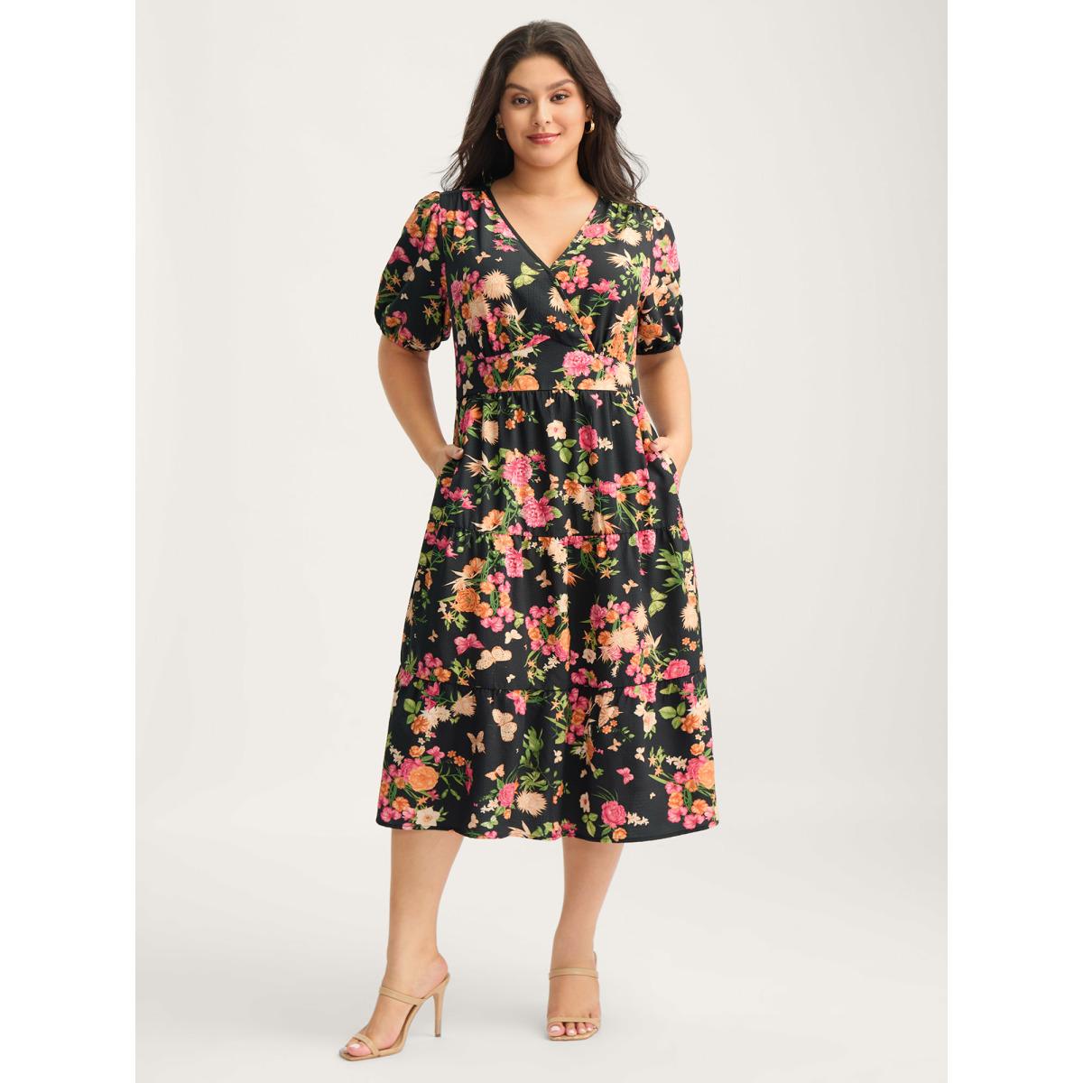 Plus Size Sweet Floral Print Puff Sleeve Midi Dress Black Women Non Short sleeve Curvy BloomChic 28/5X Product Image
