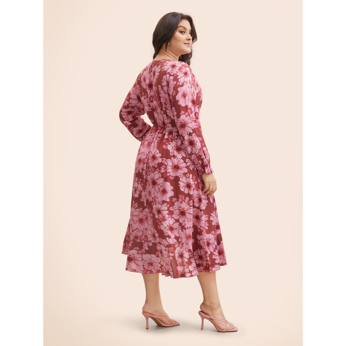Plus Size Floral Overlap Collar Ruffle Trim Dress RedViolet Women Elegant Gathered Overlap Collar Long Sleeve Curvy BloomChic 22-24/3X Product Image