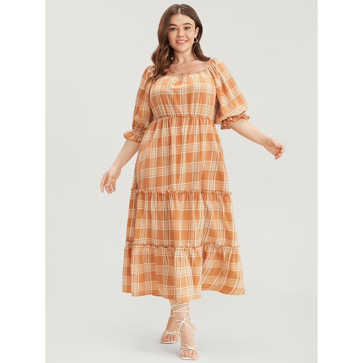 Plus Size Plaid Square Neck Lantern Sleeve Pocket Flutter Dress LightBrown Women Elegant Tiered Square Neck Half Sleeve Curvy Midi Dress BloomChic 22-24/3X Product Image
