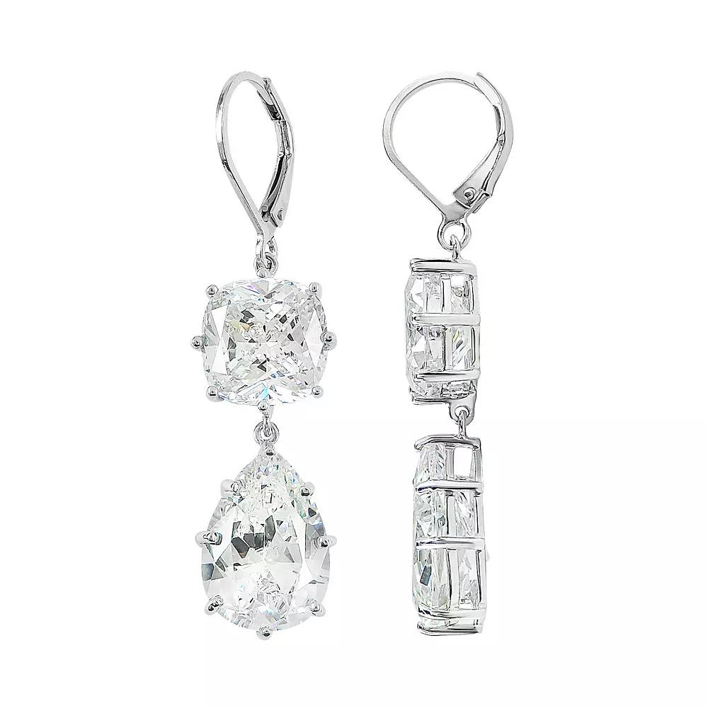SIRI Rhodium-Plated Sterling Silver Leverback Earring with Square and Pear White Cubic Zirconia Drops, Women's Product Image
