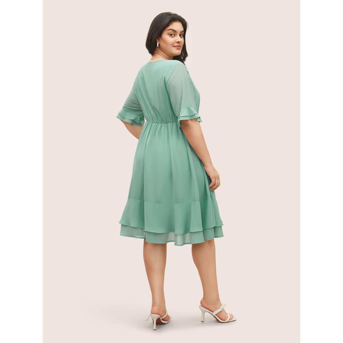 Plus Size Solid Bowknot Patchwork Tiered Ruffle Sleeve Dress Turquoise Women Elegant Non V-neck Half Sleeve Curvy Midi Dress BloomChic 30/6X Product Image