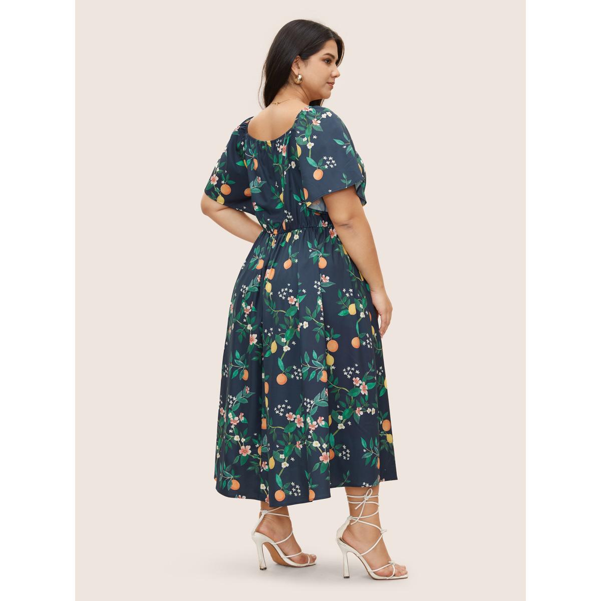 Plus Size Citrus Orange Print Square Neck Gathered Drawstring Dress Navy Women Elegant Tie knot Square Neck Half Sleeve Curvy Midi Dress BloomChic 14-16/1X Product Image