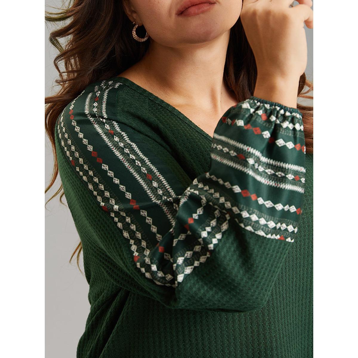 Plus Size Waffle Knit Patchwork Bandana Graphic T-shirt DarkGreen Women Elegant Waffle Knit Bohemian Print V-neck Dailywear T-shirts BloomChic 10/M Product Image