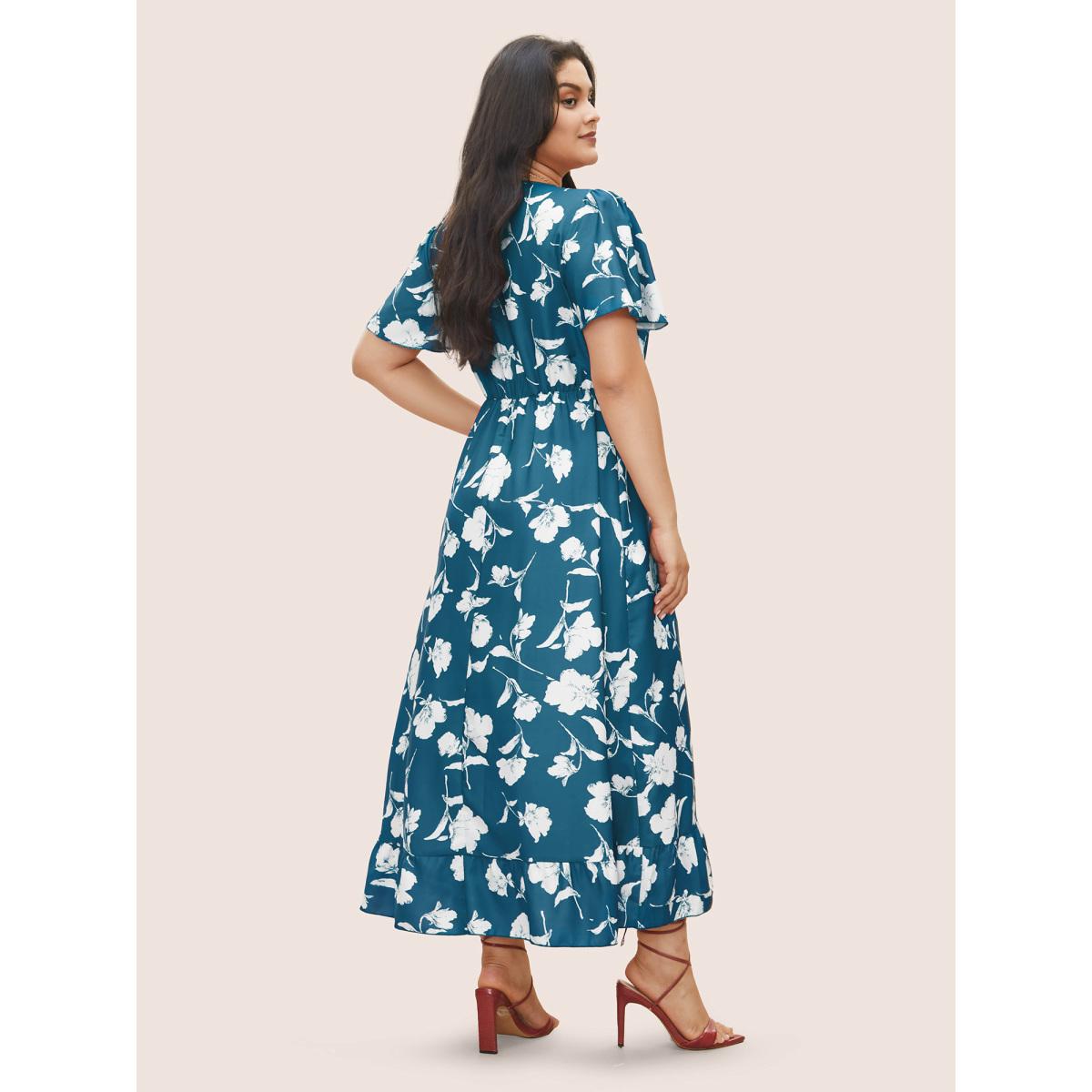 Plus Size Floral Ruffle Knot Side Wrap Dress Teal Women Elegant Ruffles V-neck Short sleeve Curvy Midi Dress BloomChic 18/2X Product Image