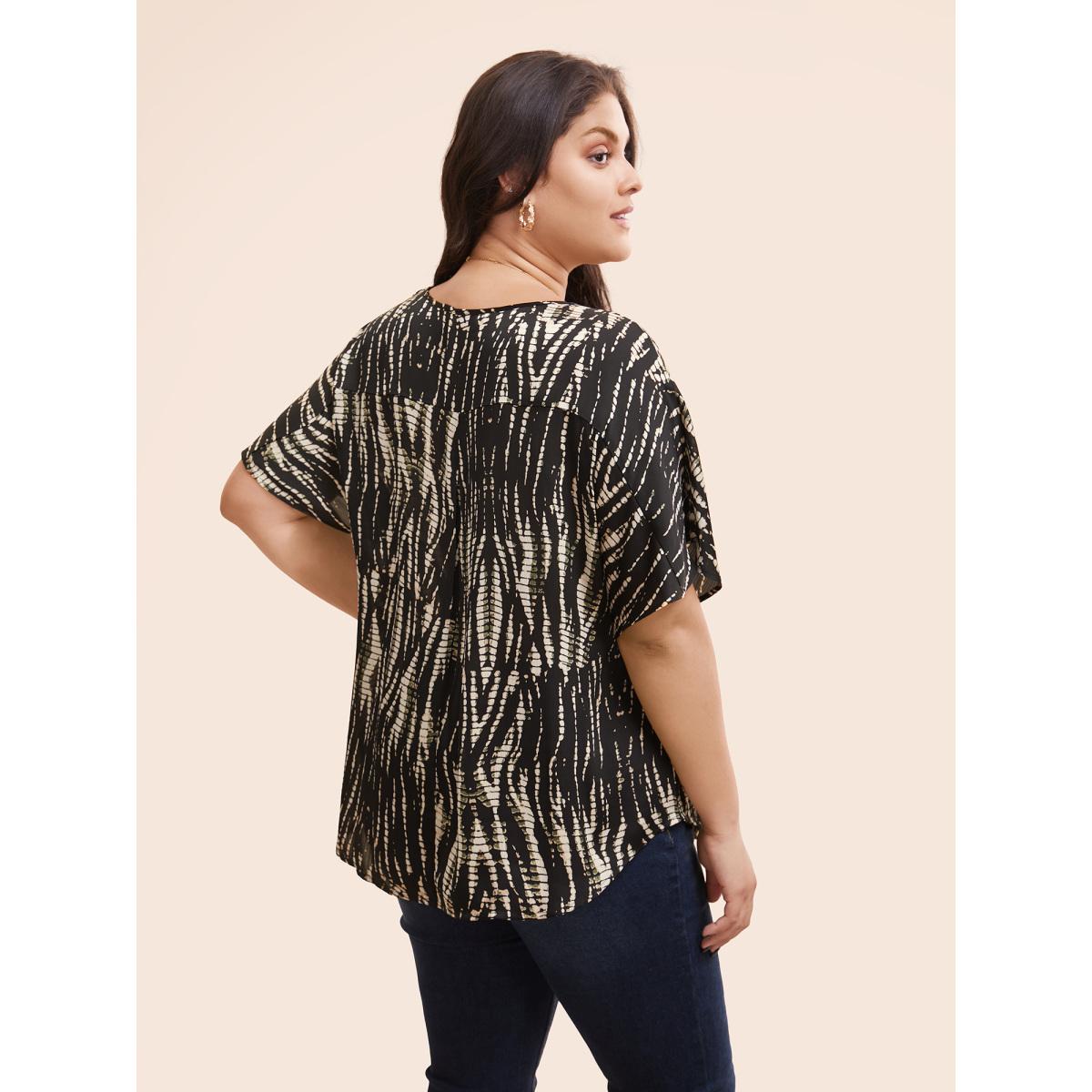 Plus Size Black Animal Print Pleated Dolman Sleeve Blouse Women Elegant Short sleeve V-neck Everyday Blouses BloomChic 14-16/1X Product Image