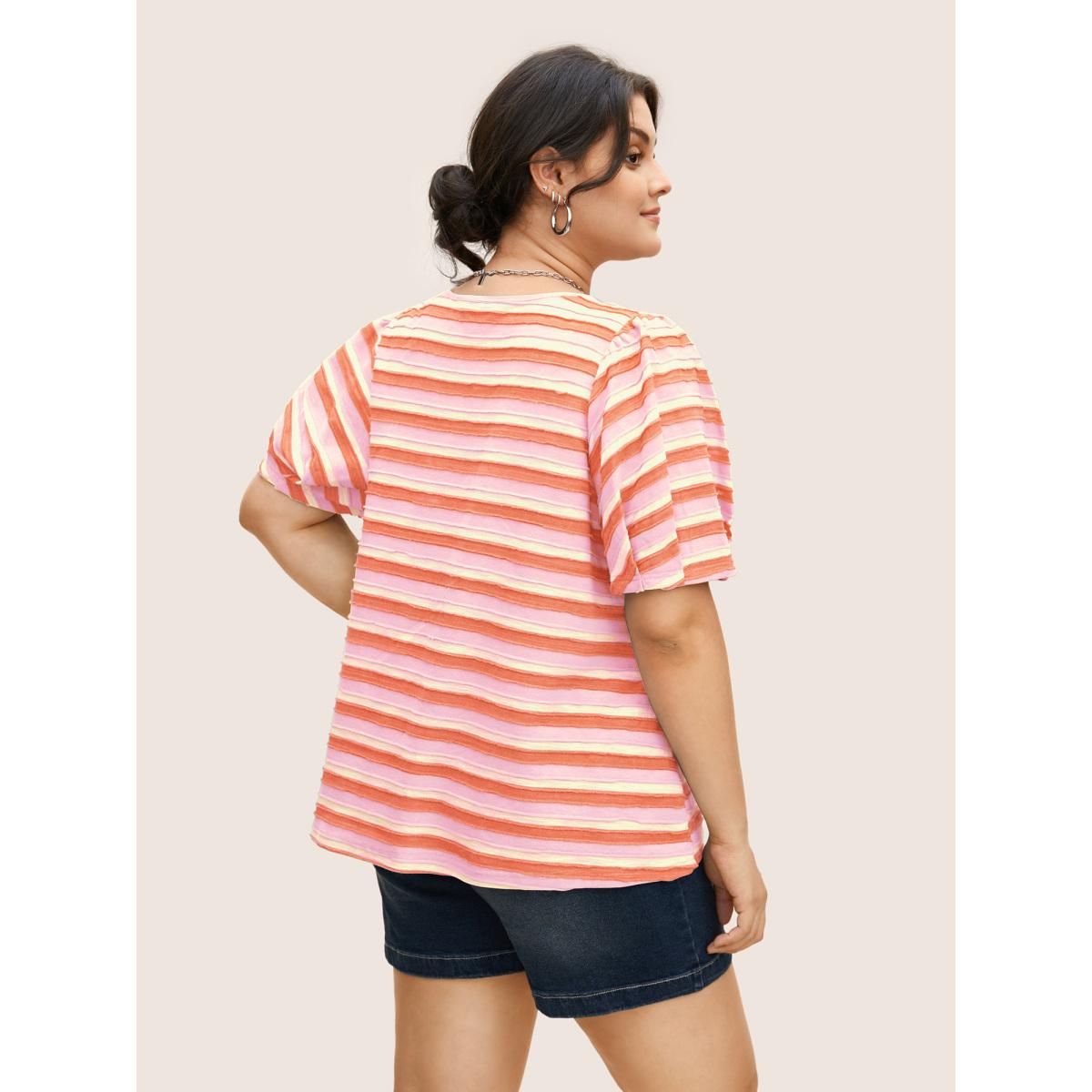 Plus Size V Neck Textured Striped Tie Knot T-shirt Blush Women Casual Texture V-neck Everyday T-shirts BloomChic 12/L Product Image
