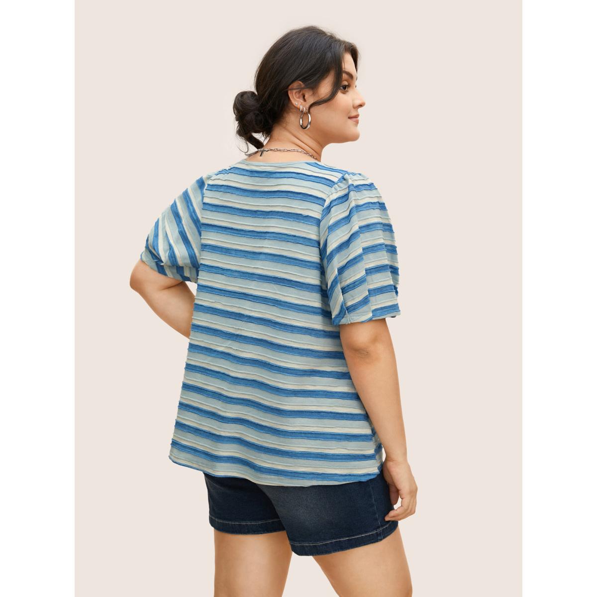 Plus Size V Neck Textured Striped Tie Knot T-shirt Skyblue Women Casual Texture V-neck Everyday T-shirts BloomChic 28/5X Product Image