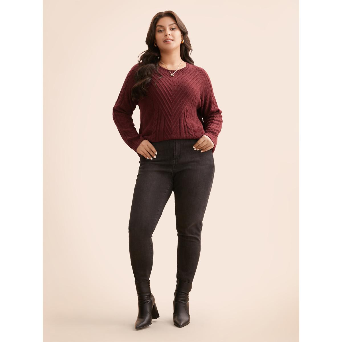 Plus Size Texture Cable Knit Raglan Sleeve Pullover Scarlet Women Casual Loose Long Sleeve Round Neck Everyday Pullovers BloomChic 12/L Product Image