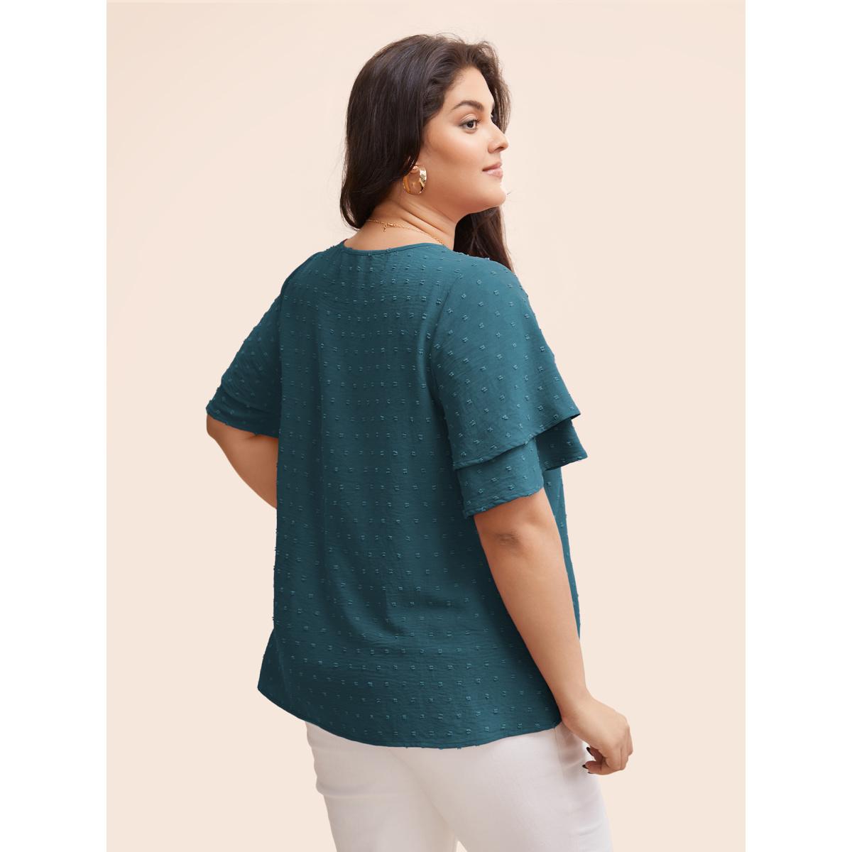 Plus Size Cerulean Plain Ruffle Tiered Sleeve V Neck Polka Dot Blouse Women Timeless Short sleeve V-neck Elegant Blouses BloomChic 26/4X Product Image