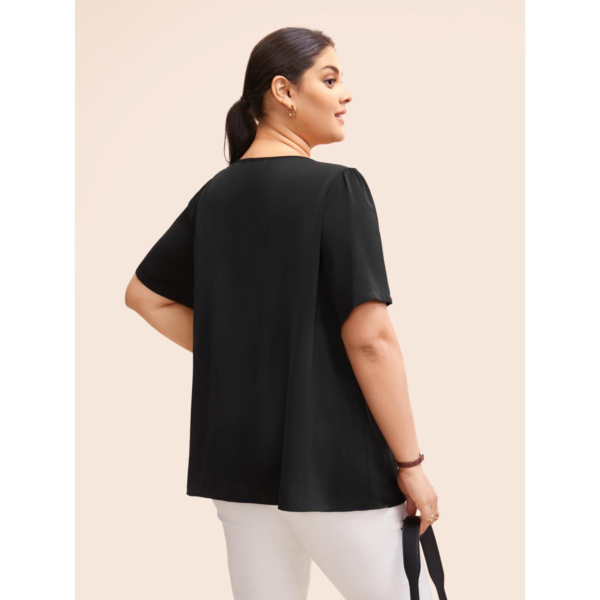 Plus Size Black Anti-Wrinkle Plain Metal Detail Keyhole Neck Blouse Women Office Short sleeve V-neck Work Blouses BloomChic 12/L Product Image