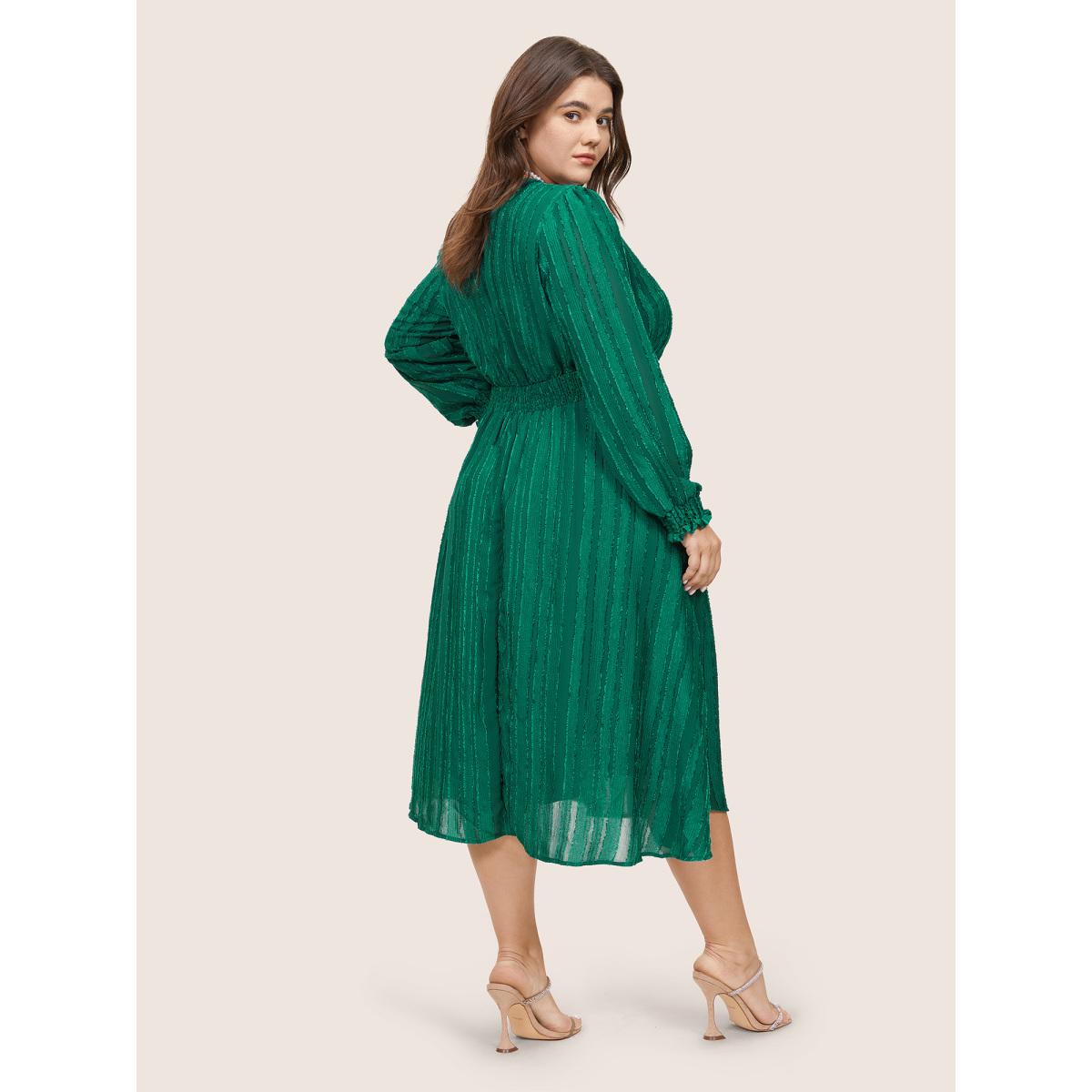 Plus Size Solid Lantern Sleeve Pocket Plisse Shirred Dress DarkGreen Women Party Texture V-neck Long Sleeve Curvy Midi Dress BloomChic 10/M Product Image
