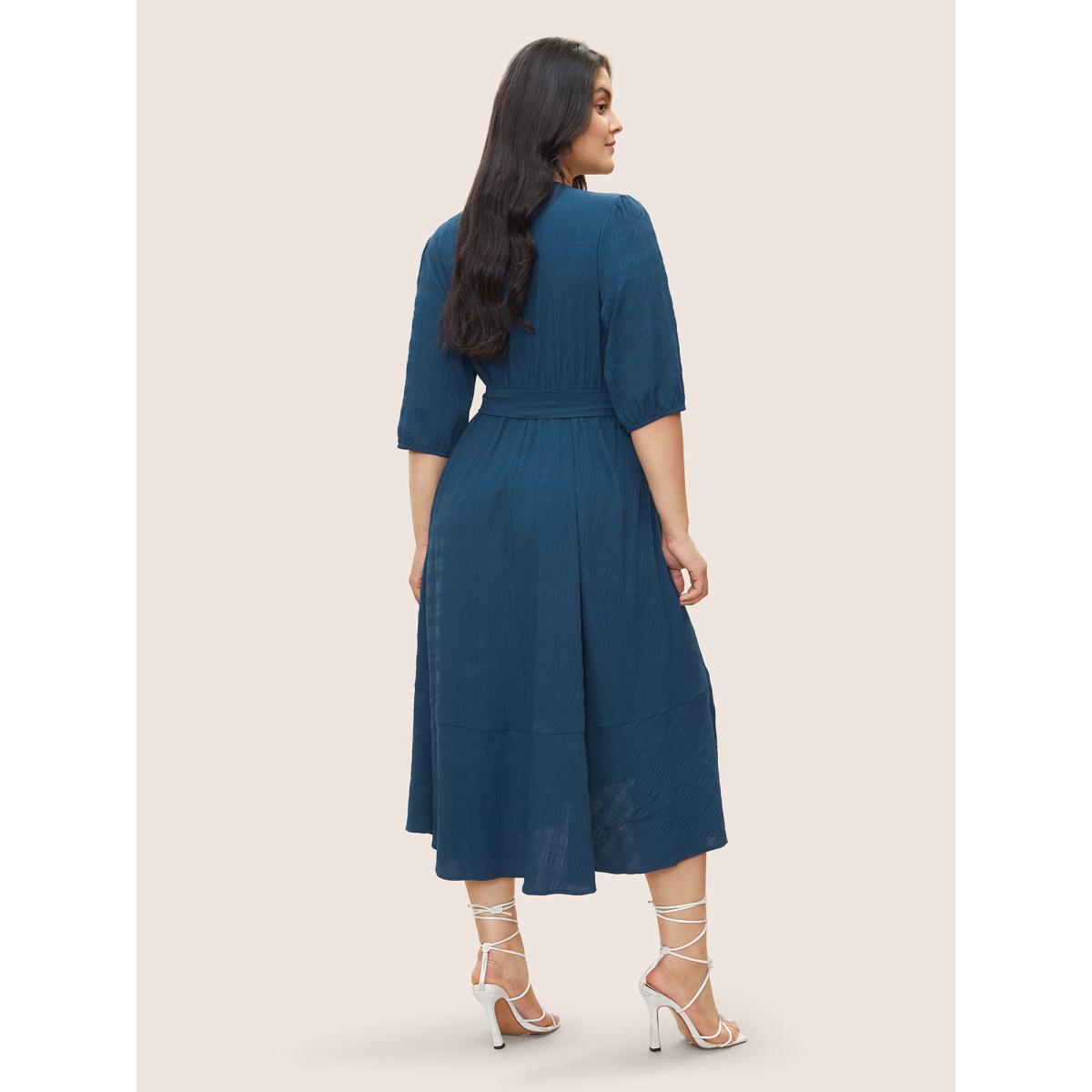 Plus Size Plisse Overlap Collar Belted Pleated Detail Dress Aegean Women At the Office Non Overlap Collar Elbow-length sleeve Curvy Midi Dress BloomChic 10/M Product Image