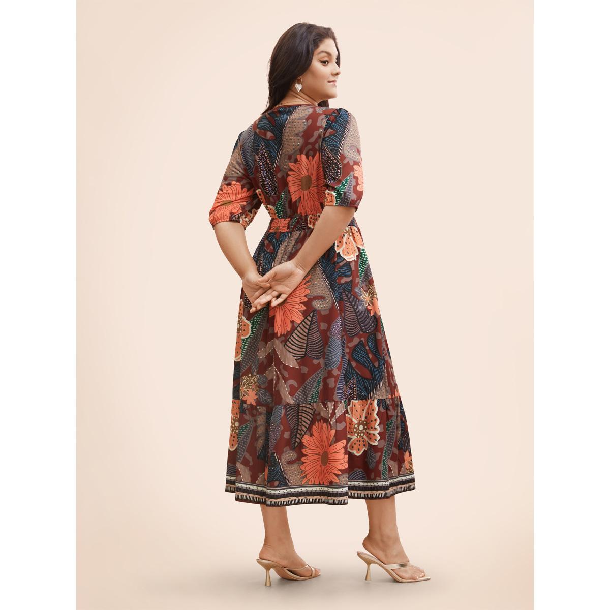 Plus Size Floral Shirred Lantern Sleeve Midi Dress Burgundy Women Resort Gathered V-neck Half Sleeve Curvy BloomChic 14-16/1X Product Image