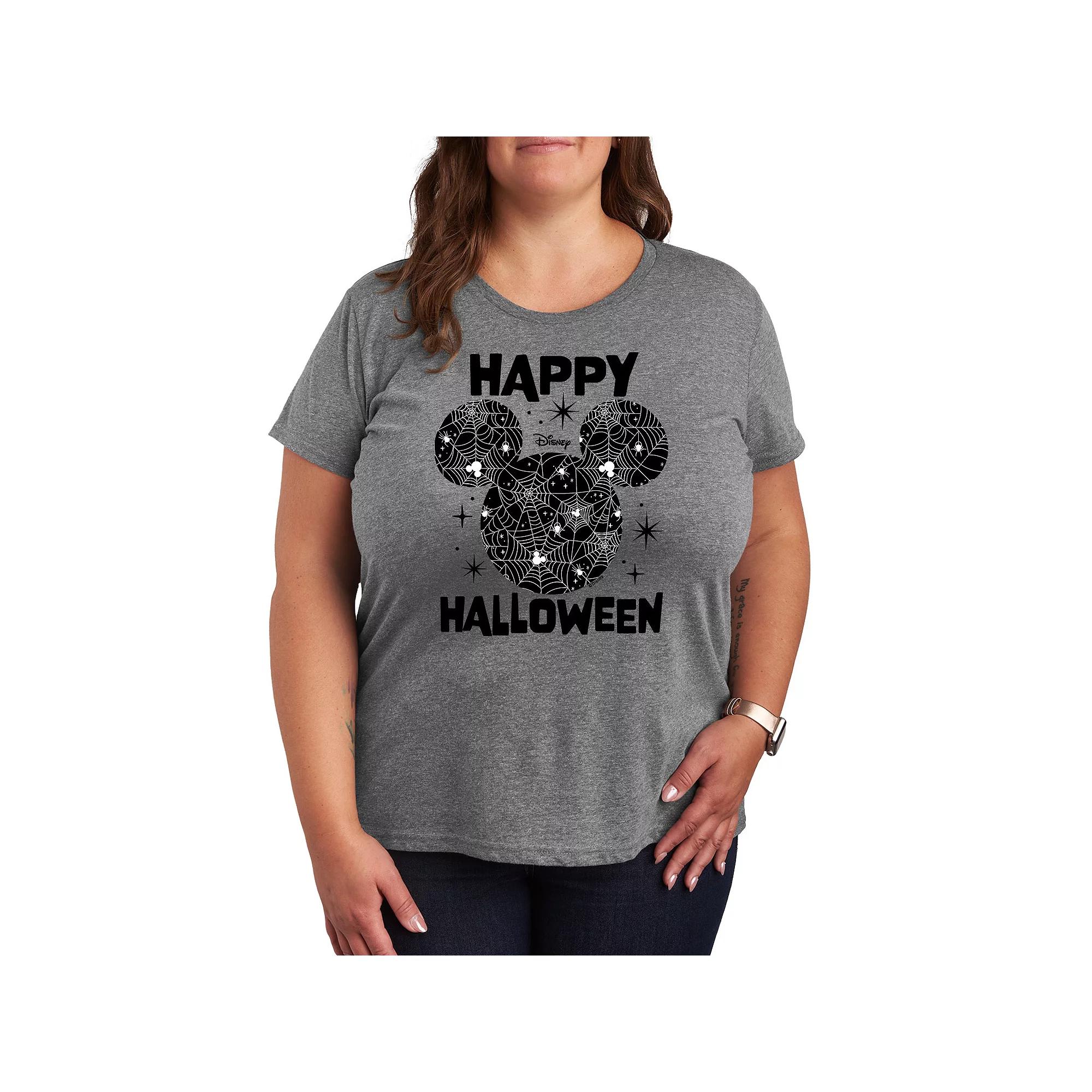 Disneys Mickey Mouse Plus Size Happy Halloween Spider Web Graphic Tee, Womens Grey Gray Product Image