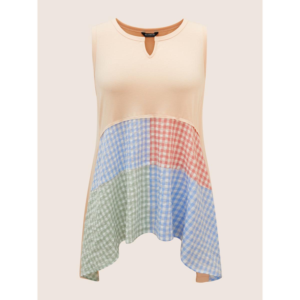 Plus Size Notched Collar Gingham Contrast Patchwork Tank Top Women Apricot Resort Contrast Notched collar Vacation Tank Tops Camis BloomChic 28/5X Product Image