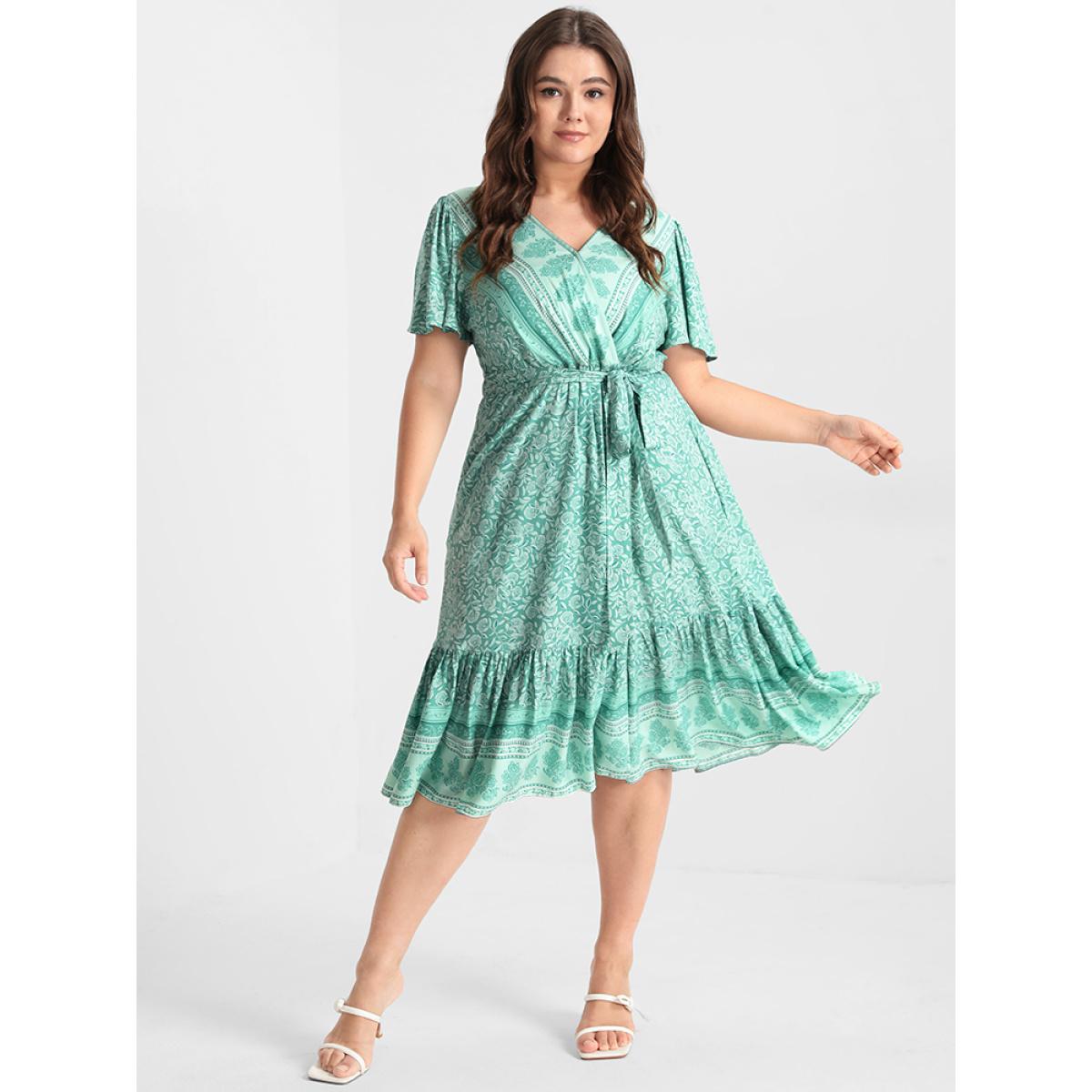 Plus Size Ditsy Floral Ruffled Knotted Wrap Dress Aquamarine Women Elegant Ruffles V-neck Short sleeve Curvy Knee Dress BloomChic 22-24/3X Product Image