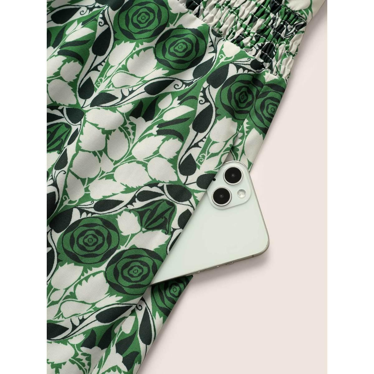 Plus Size Boho Print Ruffles Shirred Pocket Elastic Waist Dress Green Women Boho Non Notched collar Cap Sleeve Curvy Midi Dress BloomChic 12/L Product Image