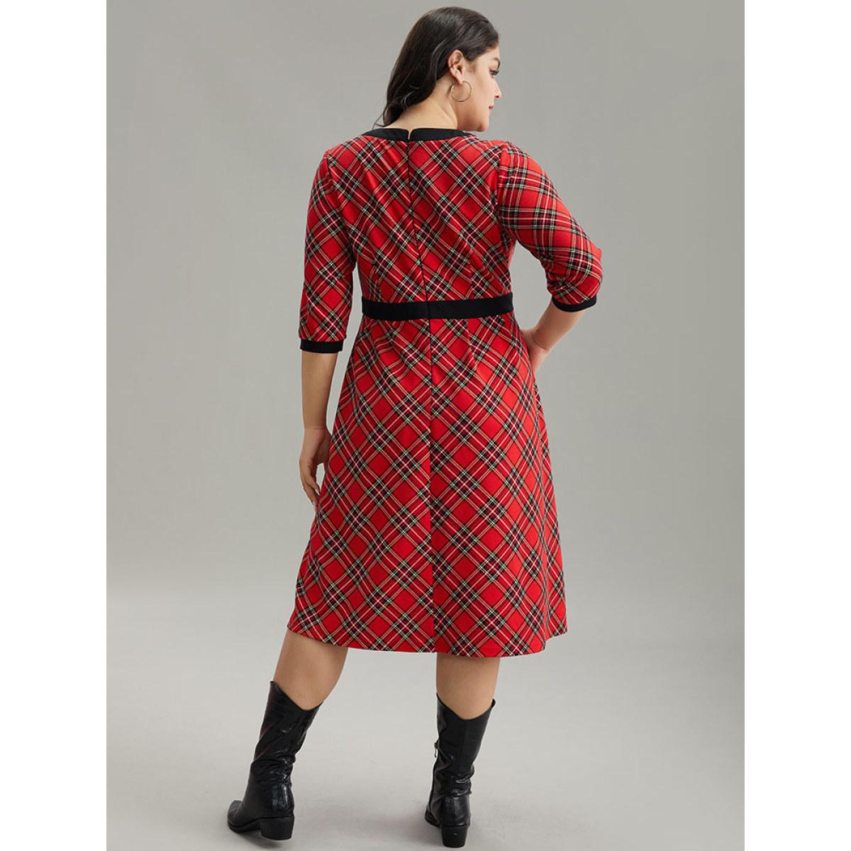 Plus Size Plaid Contrast Trim Pocket Button Detail Dress Raspberry Women Casual Printed V-neck Elbow-length sleeve Curvy Midi Dress BloomChic 10/M Product Image