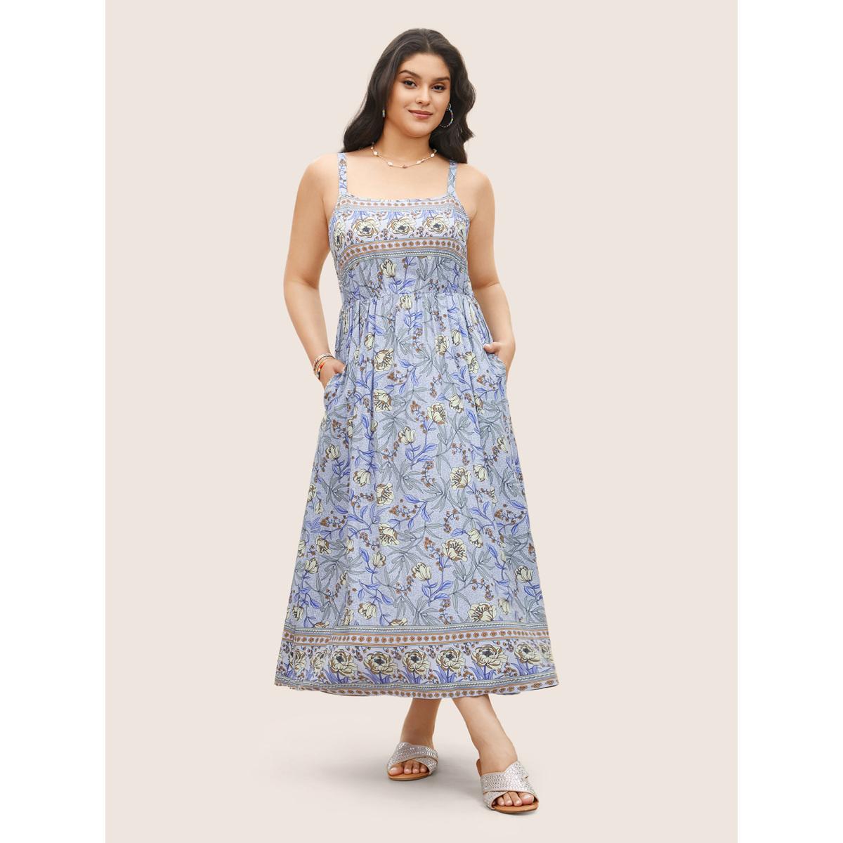 Plus Size Floral Elastic Waist Adjustable Straps Cami Dress Stone Women Resort Non Non Sleeveless Curvy Midi Dress BloomChic 12/L Product Image