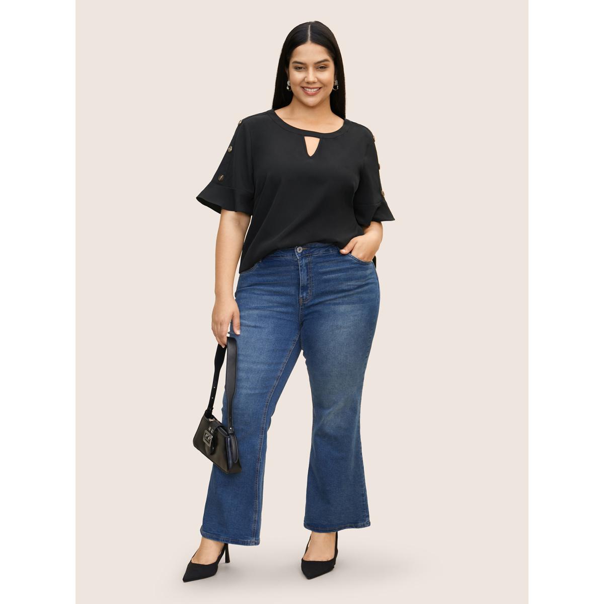 Plus Size Black Solid Cut Out Ruffles Button Detail Blouse Women Work From Home Short sleeve Round Neck Work Blouses BloomChic 22-24/3X Product Image