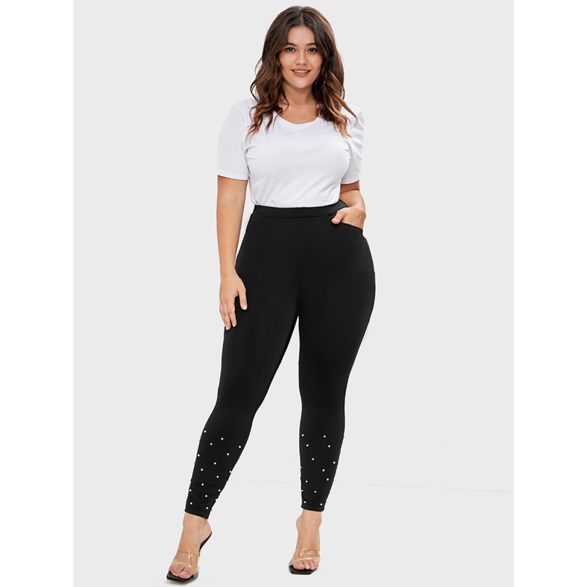Plus Size Solid Pocket Beaded Hem Leggings Women Black Party Low stretch Skinny High Rise Going out Leggings BloomChic 28/5X Product Image
