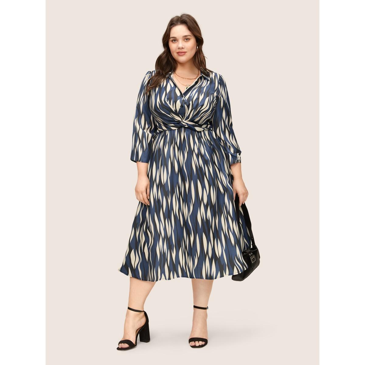 Plus Size Geo Colorblock Twist Front Shirt Collar Dress Indigo Women At the Office Non Shirt collar Elbow-length sleeve Curvy Midi Dress BloomChic 18-20/2X Product Image