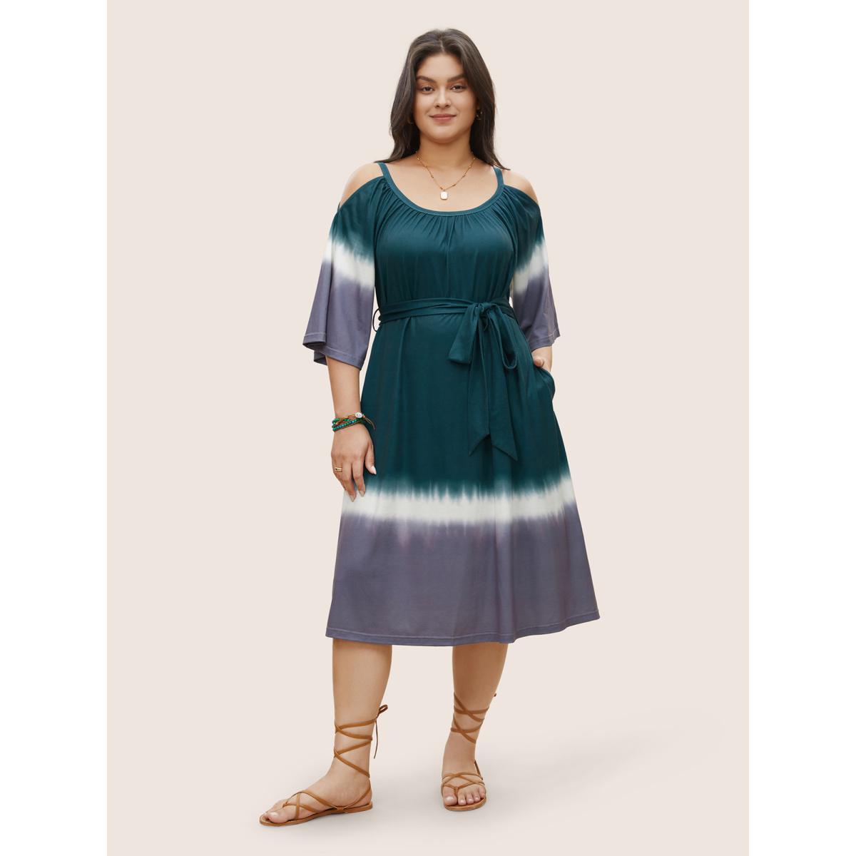 Plus Size Tie Dye Gathered Cold Shoulder Belted Dress Teal Women Resort Non U-neck Elbow-length sleeve Curvy Midi Dress BloomChic 22-24/3X Product Image