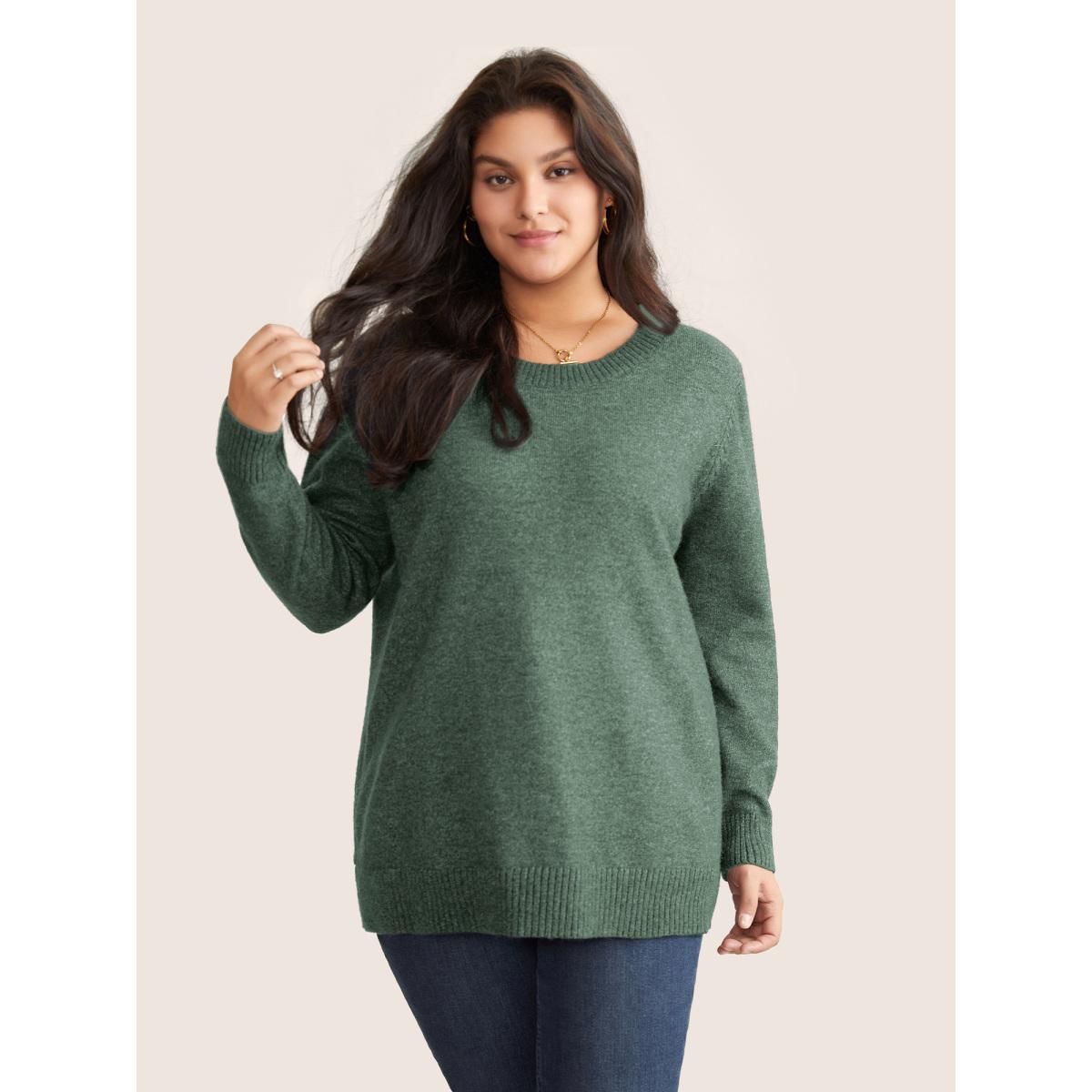 Plus Size Supersoft Essentials Solid Heather Twist Back Pullover Green Women Casual Long Sleeve Round Neck Everyday Pullovers BloomChic 18-20/2X Product Image