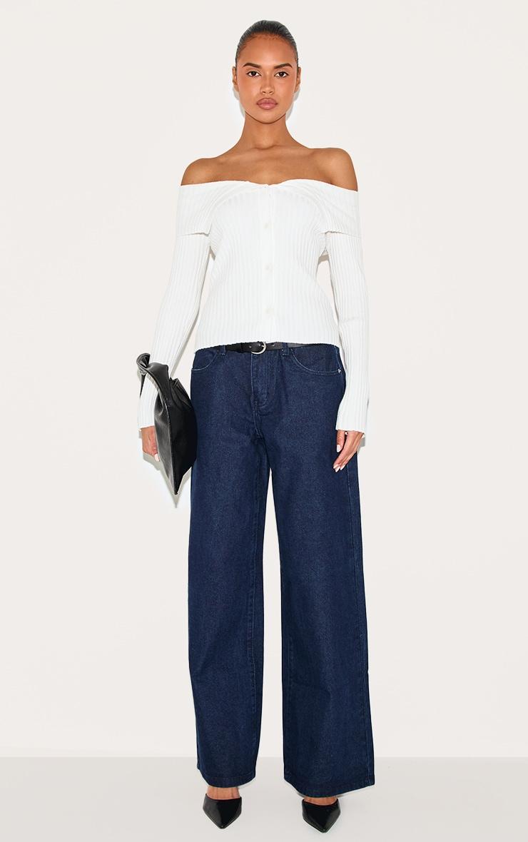 Cream Rib Knit Fold Over Button Up Top Product Image