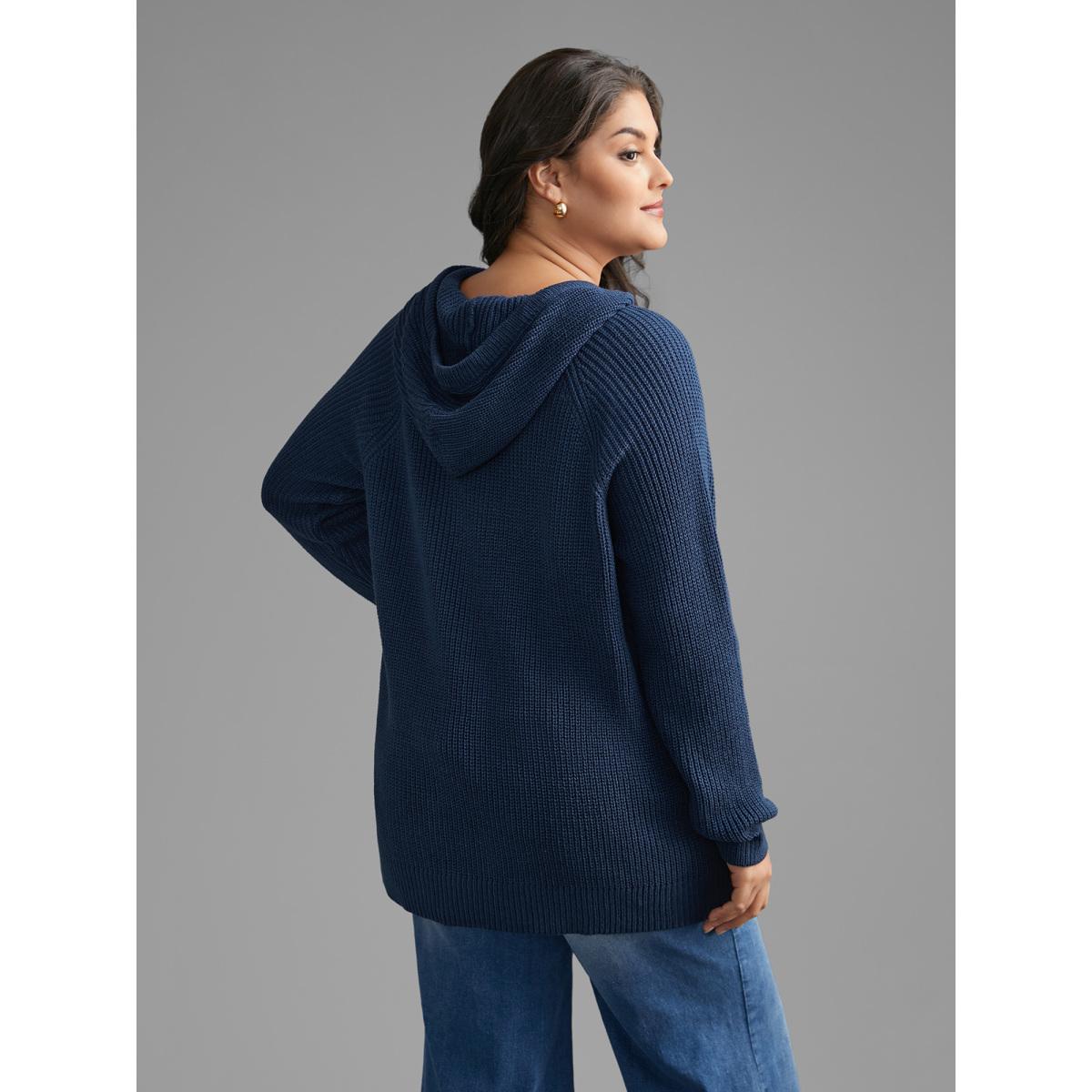 Plus Size Plain Button Up Hooded Pullover Indigo Women Casual Loose Long Sleeve Hooded Everyday Pullovers BloomChic 10/M Product Image