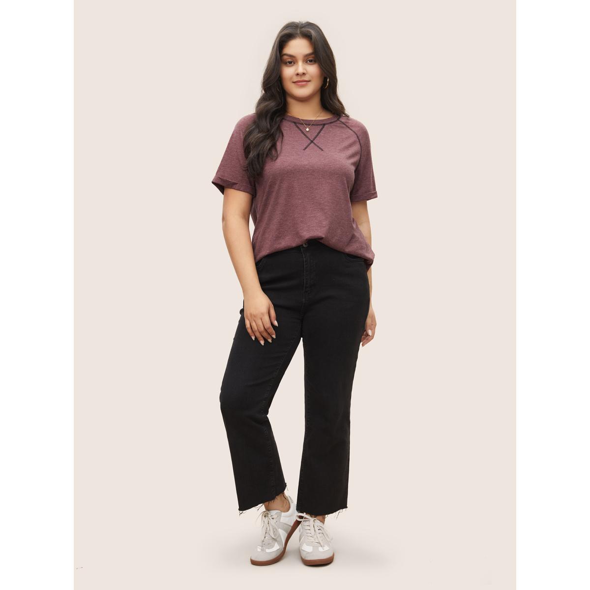 Plus Size Heather Contrast Stitch Raglan Sleeve T-shirt Russet Women Casual Contrast Round Neck Everyday T-shirts BloomChic 14-16/1X Product Image