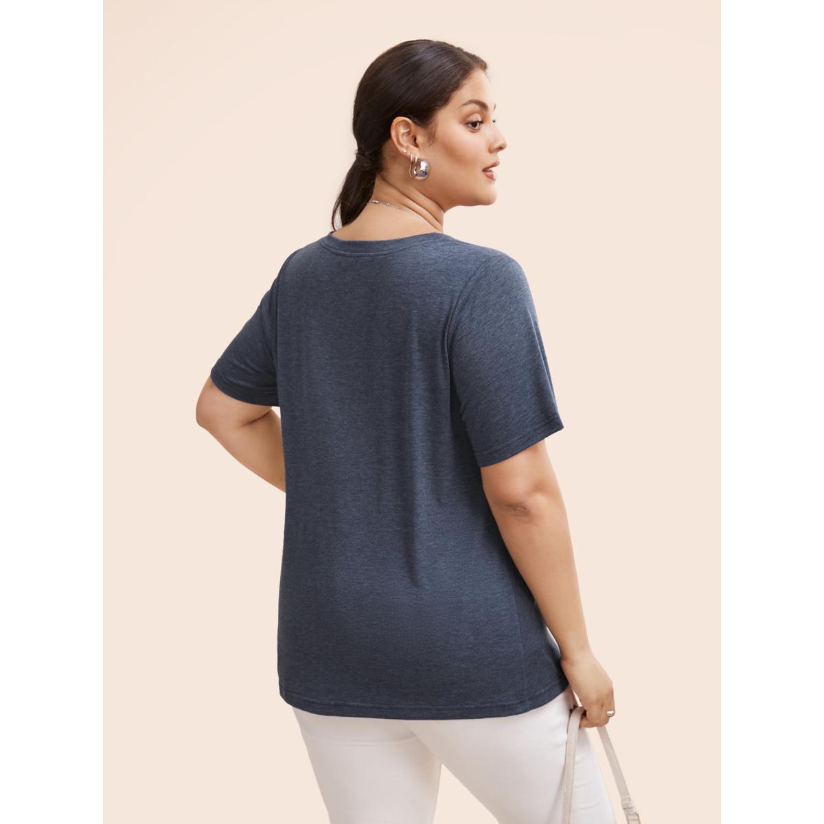 Plus Size Heather Plicated Detail V Neck Button Detail T-shirt Blue Women Casual Plain Plain V-neck Dailywear T-shirts BloomChic 10/M Product Image